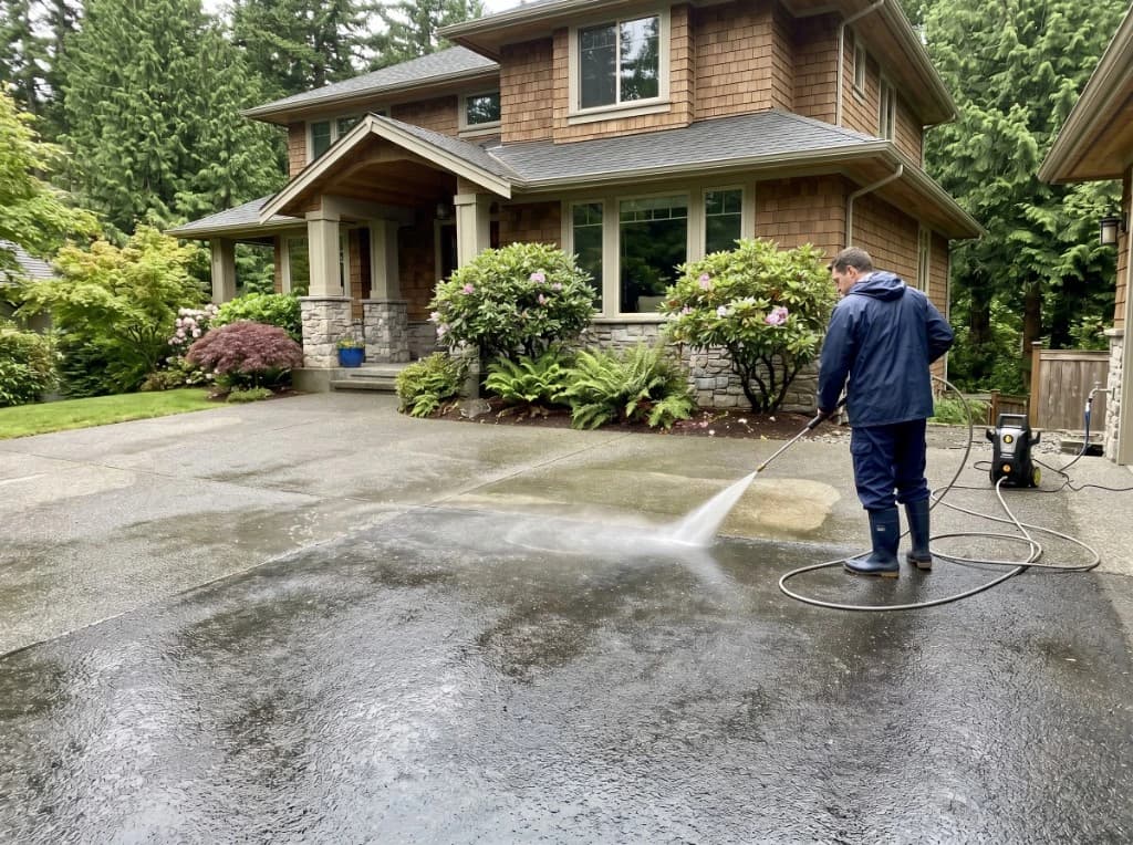 Professional pressure washing of a driveway in North Vancouver