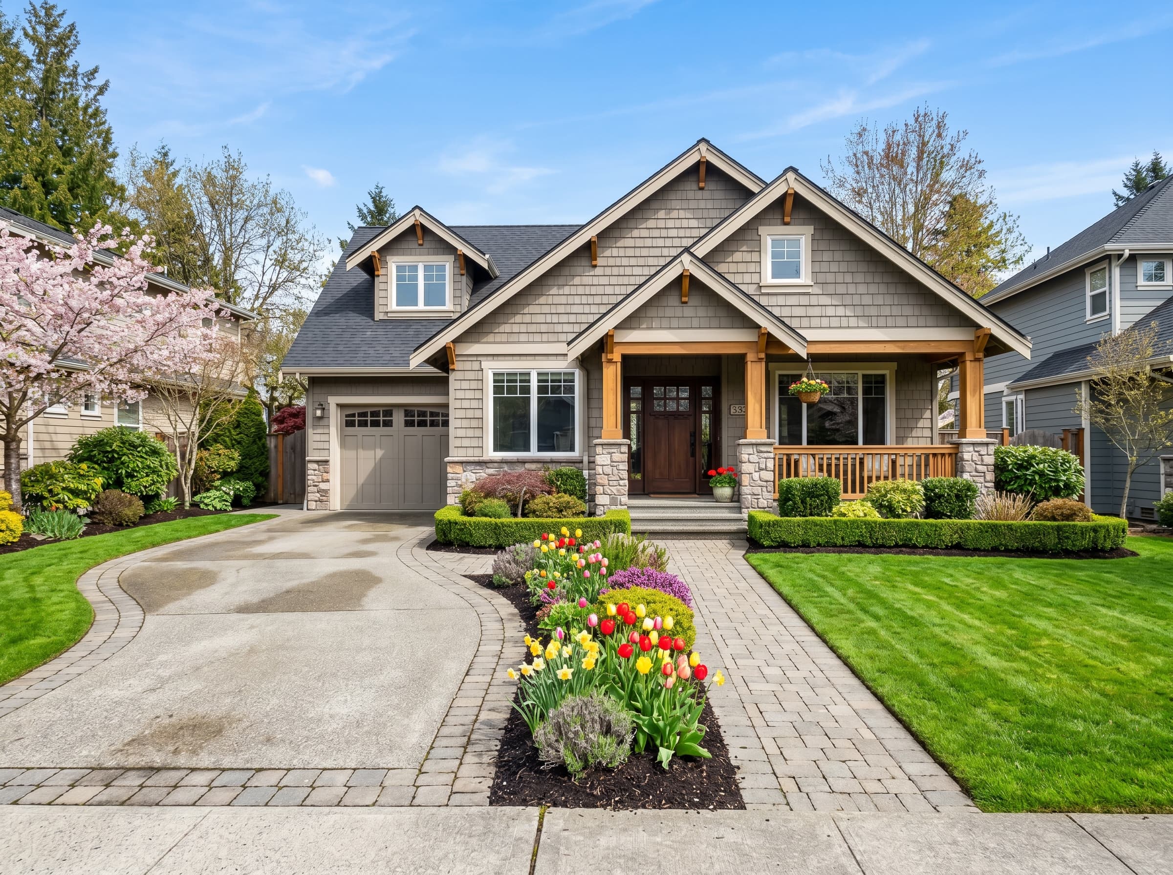 Freshly maintained North Vancouver home exterior with spring flowers and clean driveway