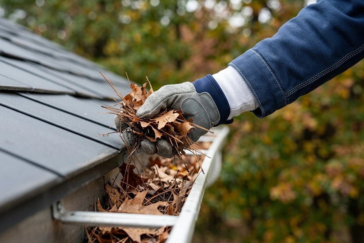 Close-up of professional gutter cleaning and debris removal in North Vancouver