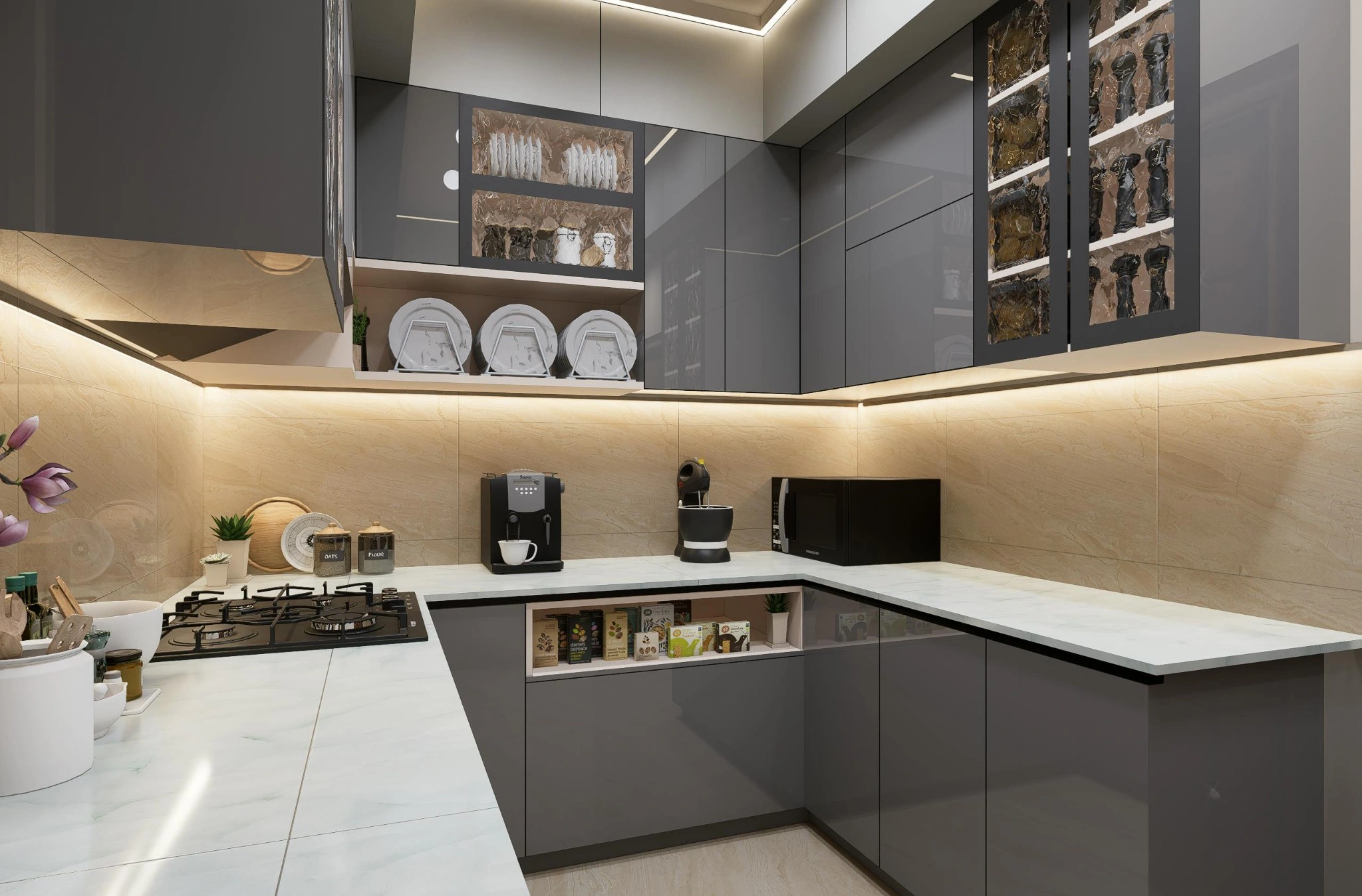 L-shaped kitchen with dark cabinetry, marble counters, and organized surfaces